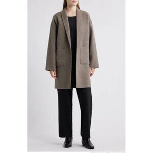 Eileen Fisher Wool Shawl Collar Coat Taupe Open Front Patch Pockets Midi Sm EUC